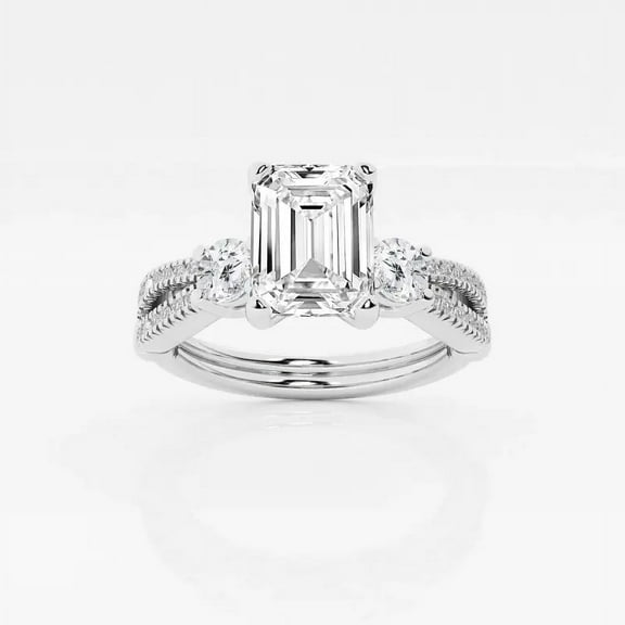 Cloud Jewel Stunning 2 Ct Emerald Cut Diamond Three Stone Ring - Lab Created Ring - 14K White Gold Plated - Split Shank Engagement Ring for Women - Perfect for Weddings, Gifts, and Daily Wear