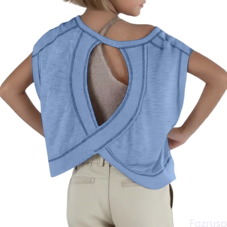 Fozruso Girls Loose Casual Short Sleeve Fitness T Shirt Backless Top Backless Yoga Sports Short Running T Shirt (4y 12y) Basic Tees Sizes 11-12 Years Blue