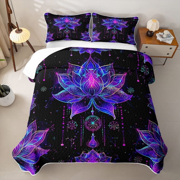 Erosebridal Purple Lotus Art Twin Quilt Set,Neon Flower Stars Twin Coverlet Set For Girls,2-Piece