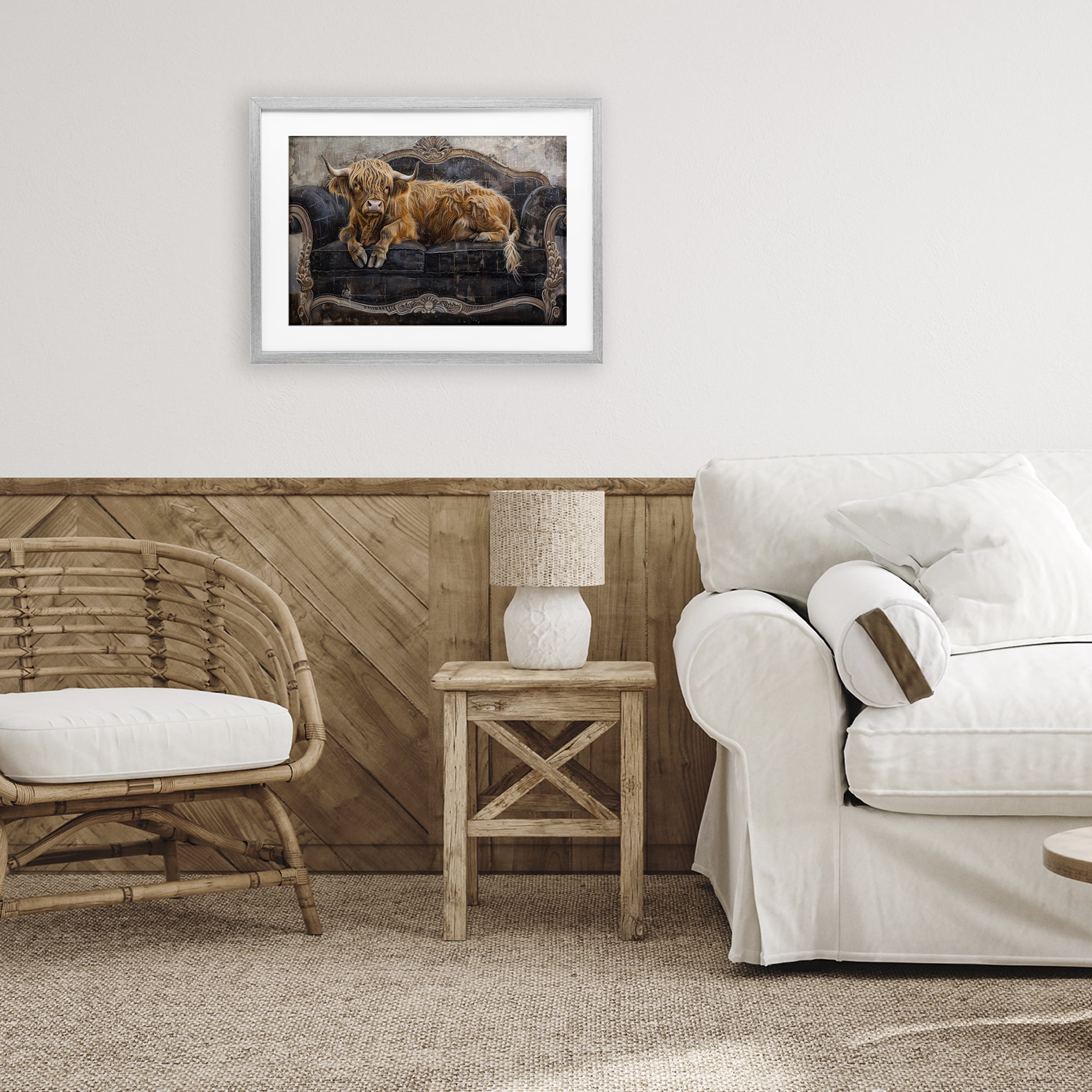 Stupell Industries Cozy Couch Highland Cow Gray Framed Print Under Glass, design by Tina LeCour
