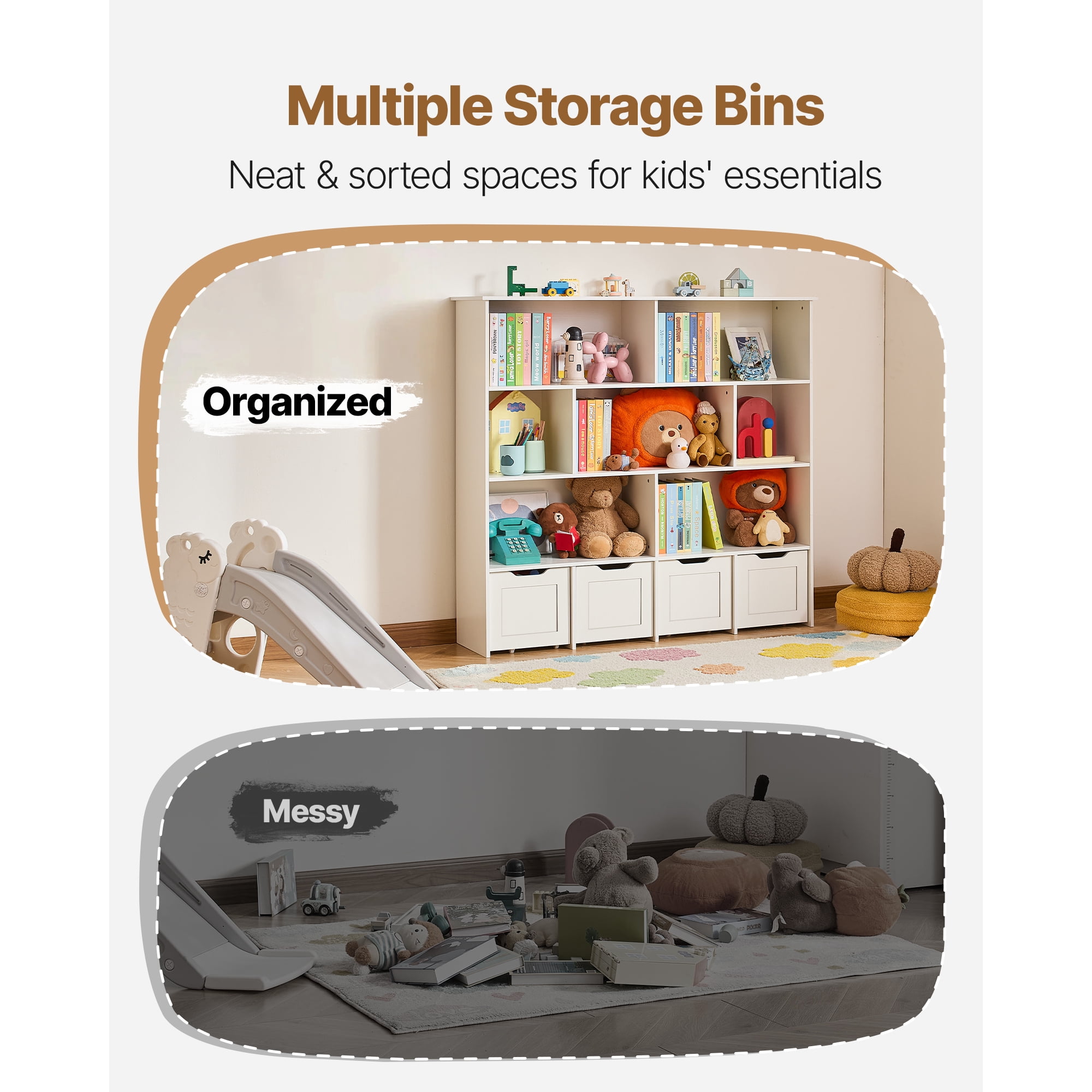 KFFKFF Wooden Kids Storage Organizer with Bookshelf, Toy Cabinet Featuring 4 Movable Drawers, Ideal for Bedroom, Nursery, Living Room, Entryway, or Preschool, White