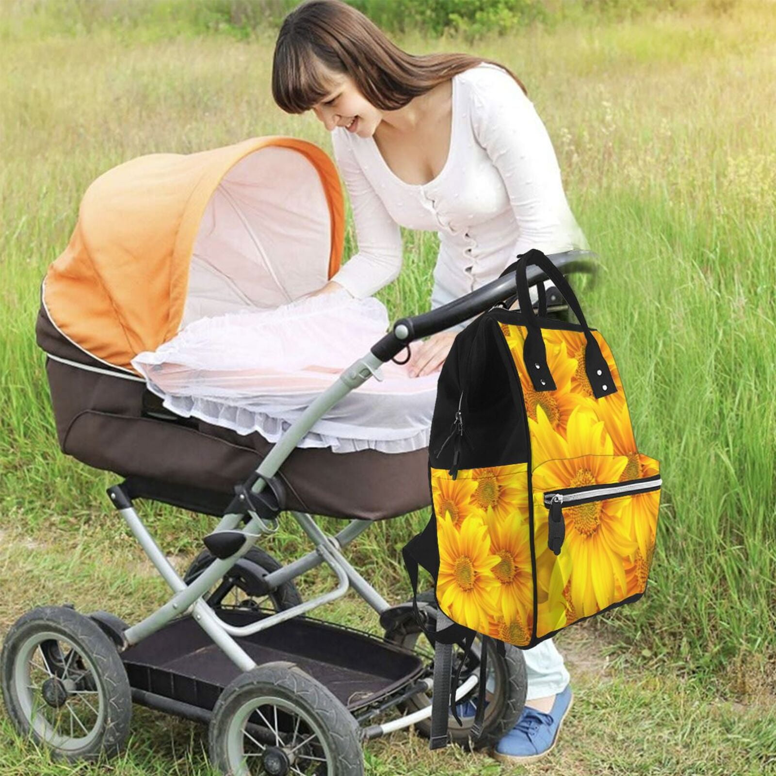 Ratiio 3D Sunflowers Mummy Backpack - Waterproof Twill Canvas, Large Capacity Diaper Bag with Multiple Pockets and Adjustable Straps