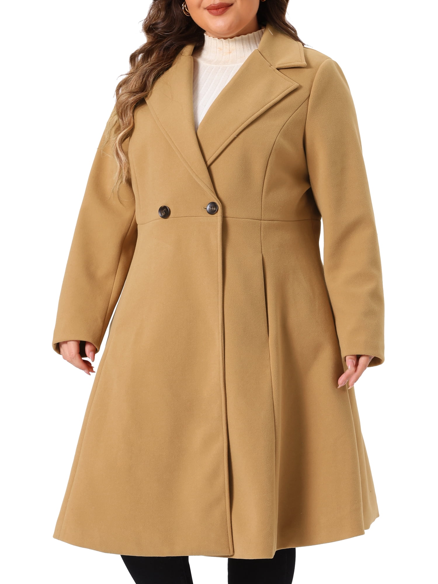 DARING DIVA Women's Plus Size Notch Lapel Double Breasted A Line Coat 1X Camel
