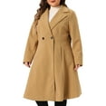 thumbnail image 2 of DARING DIVA Women's Plus Size Notch Lapel Double Breasted A Line Coat 1X Camel, 2 of 6