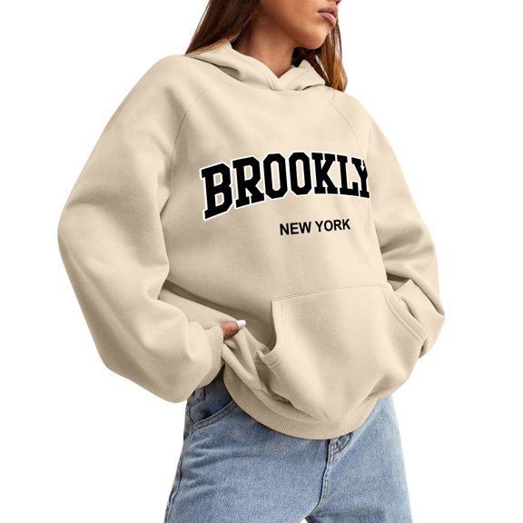 Women's Hoodies & Sweatshirts Women Solid Basic Letter Loose Hoodie Sweatshirt Long Sleeve Pocket Drop Shoulder Pullovers Top