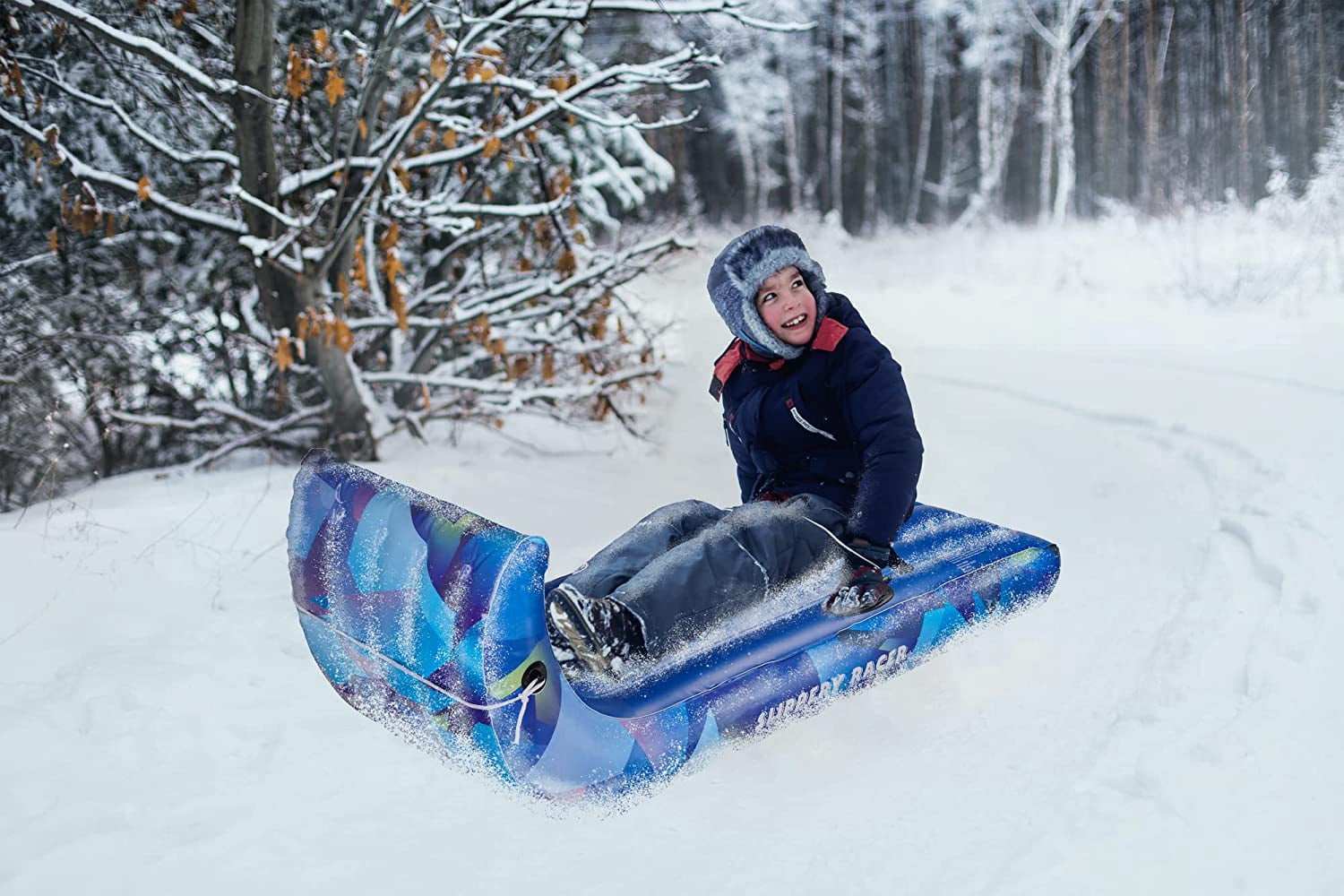 Slippery Racer Giant Inflatable Toboggan Snow Sled for Adults and Kids, Durable Heavy Duty, 2 Pack Red and Blue, 60"