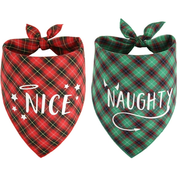Naughty Nice Dog Bandana 2 Pack, Triangle Reversible Christmas Pet Scarf for Boy or Girl, Bandana for Small Medium Large Dogs