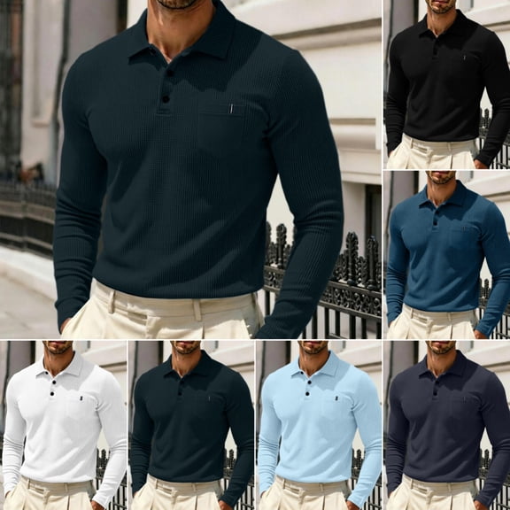 Polo Shirts Men Comfy Lightweight Long Sleeve Collared Polo Shirts Refreshing Breathable Business Casual Textured Polo Shirts Navy L
