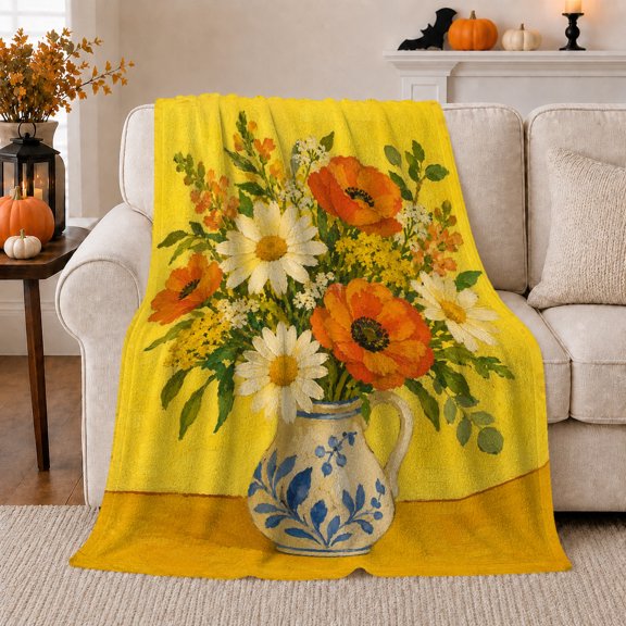 Autumn Harvest Still Life Poppy Daisy Bouquet, Festive Botanical Garden Scene, Warm Flannel Blanket for Sunroom and Reading Nook, Garden Lovers Thanksgiving Gift, Botanical Home Decor