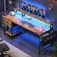 thumbnail image 2 of 55" Computer Desk with LED Lights, Gaming Desk with Drawers & Storage Bag, Office Desks with Power Outlets & Monitor Stand, Home Office Desks for Bedroom, Gaming Room, Rustic Brown, 2 of 16