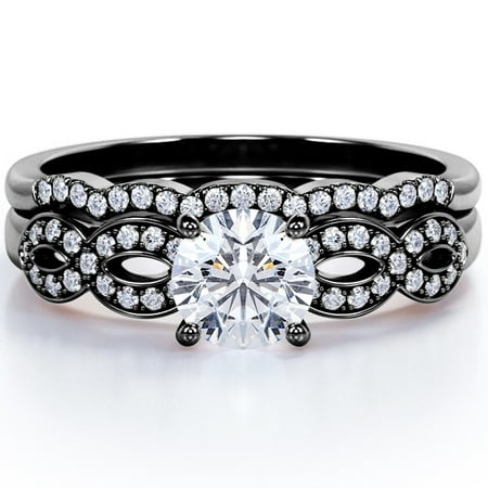 JeenMata Crossover - 1.75 Carat Round Brilliant Cut Moissanite - Pave - Curved Band - Prong Wedding Ring Set - 18K Black Gold Plating Over Silver