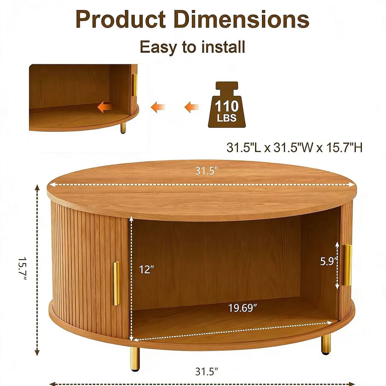 AISWORD Round Coffee Table with 360° Sliding Door, Fluted Accent Coffee Table with Storage Adjustable Footpads for Living Room, Yellow