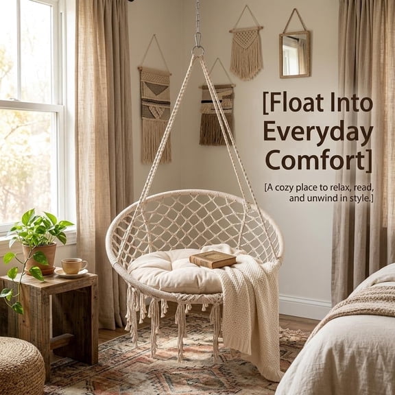 QUHEE Hammock Swing Chair with Thick Cushion,Portable Hanging Chair,400lbs Capacity,Relax Hanging Rope Swing Chair for Bedroom, Balcony, Garden(Light Beige)