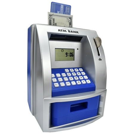 Toy Talking ATM Bank ATM Machine Savings Bank for Kids –Works like a Real one- Deposit, Withdraw, Debit Card, Saving Target, Timer and Clock Blue
