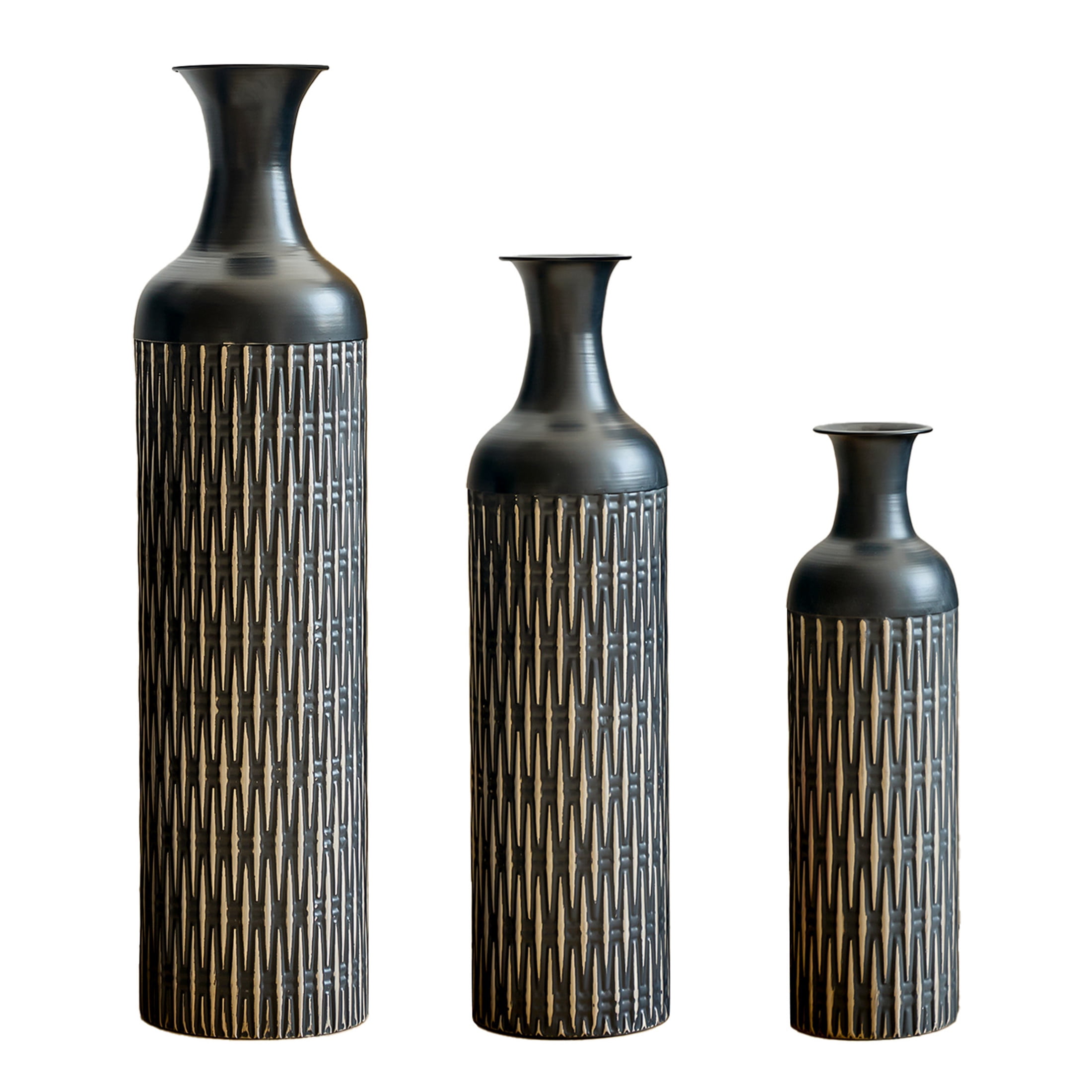 Noble House 3-Piece Metal Floor Vase Set, 32.68", 25.98", 19.69" Textured Decorative Vases, Black