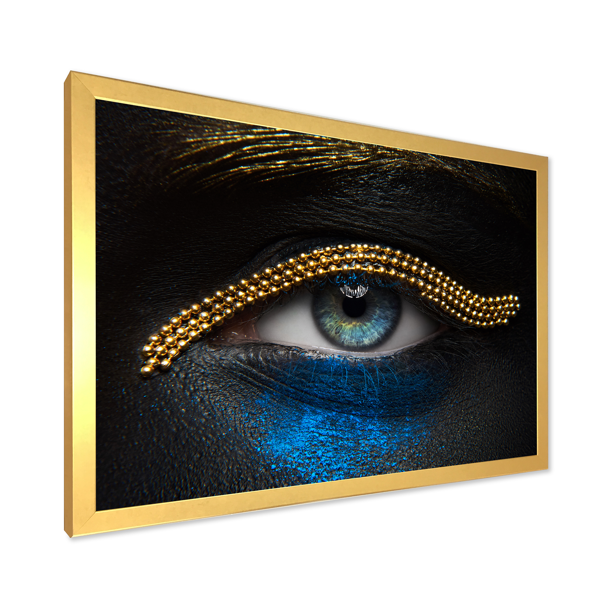 Designart 'Girl Eyes With Gold Chain and Blue Pigment' Modern Framed Art Print