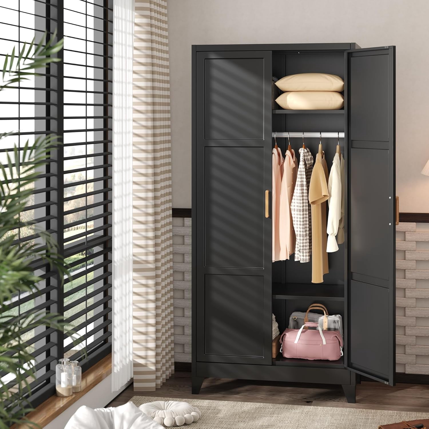 SOLAURA Metal Armoire Wardrobe Closet with Hanging Rod, 71" H Storage Cabinet with Adjustable Shelves, Freestanding Closet Cabinet for Garage, Home, Office (Black)