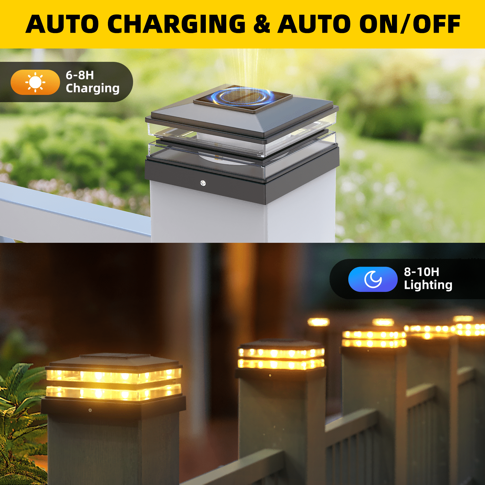 [10 Pack] 4x4 Solar Post Cap Lights Outdoor Waterproof Fence Deck Post Lights with High-Brightness LEDs, Dual Light Modes Warm & Cool White. (Black,10)