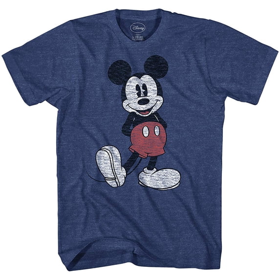 Disney Mickey Mouse T Shirt Distressed Character Pose Adult Cartoon Tee (Heather Navy, Large)
