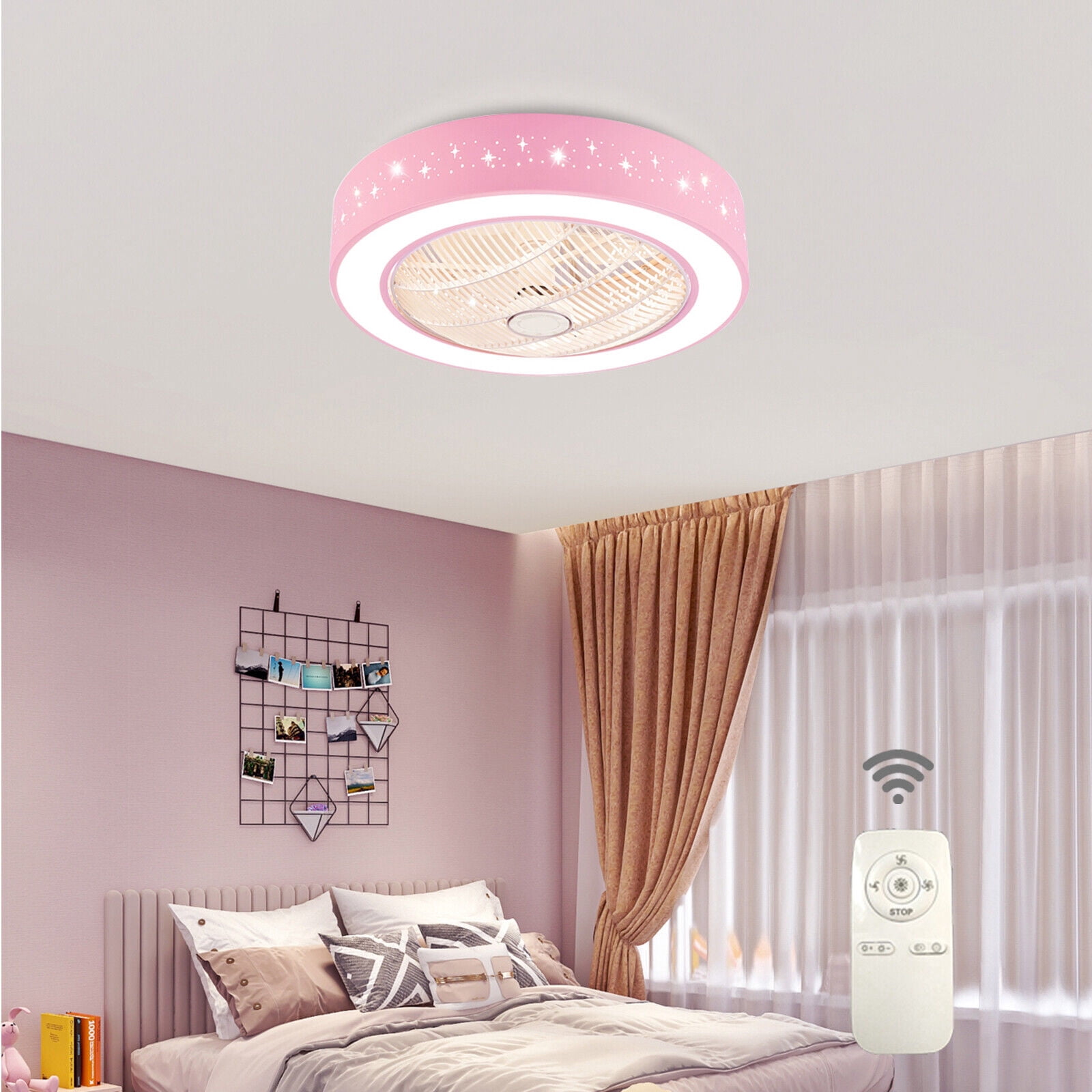 TFCFL Pink Ceiling Fan with LED Light Modern Fan Lamp For Kids Girls Room Bed Room with Remote