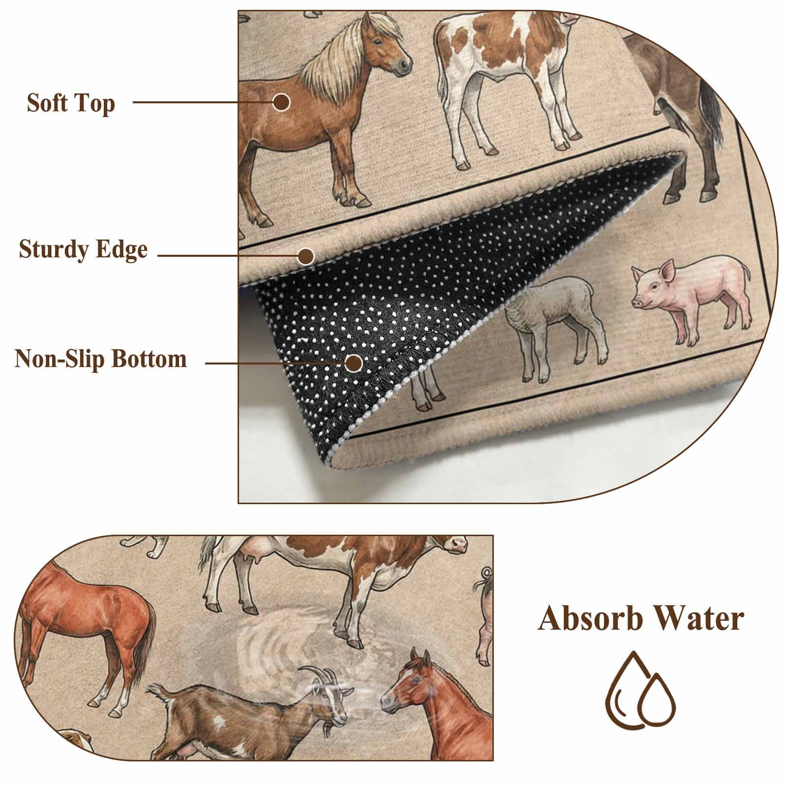 Bathroom Rugs 2x3 Ft, Farmhouse Non Slip Area Rugs for Kitchen Bedroom Entryway, Vintage Country Farm Animals Brown Washable Carpet Runner Rug Floor Mats for Bedroom Home Decor