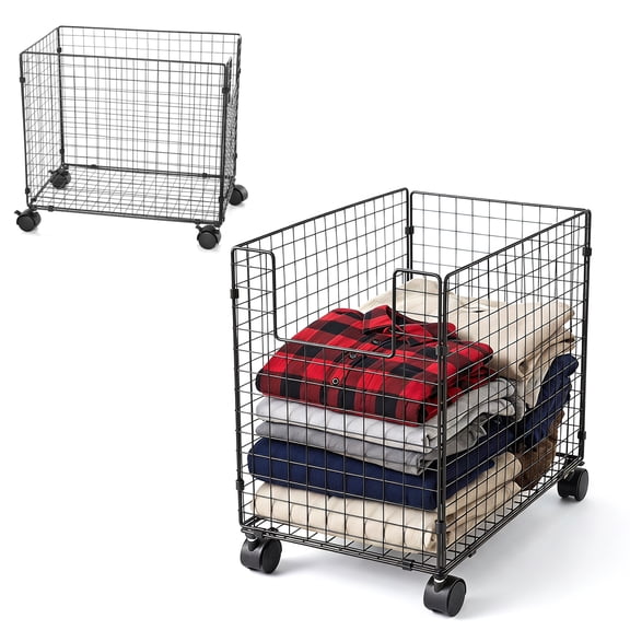 Metal movable storage basket with 360° lockable wheels, suitable for laundry baskets and plush toy storage baskets