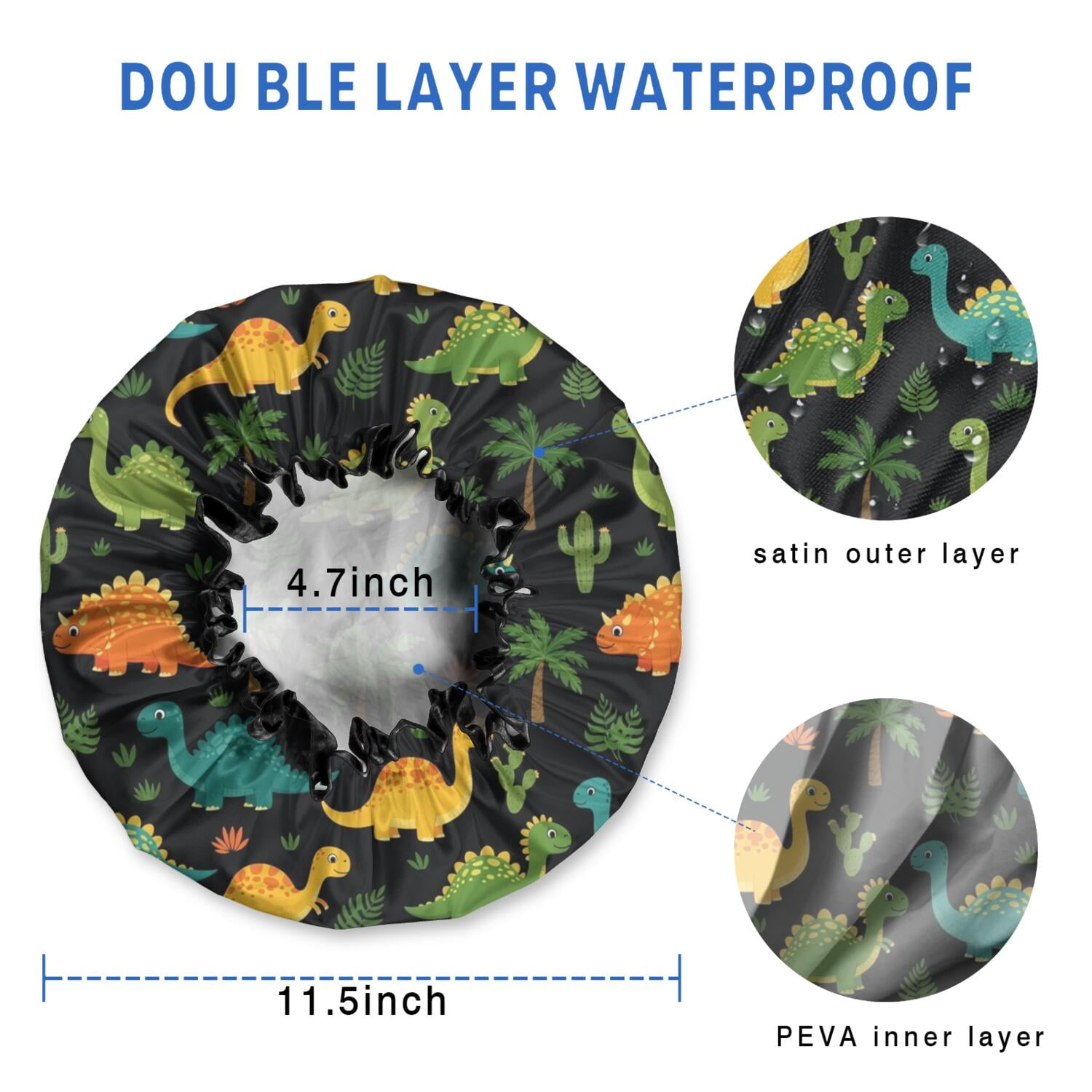 Shower Caps,Black Colorful Dinosaurs Pattern Waterproof Shower Cap for Women 4 Pieces,Double Reusable Hair Cover for Shower PEVA Elastic Stretch Hem