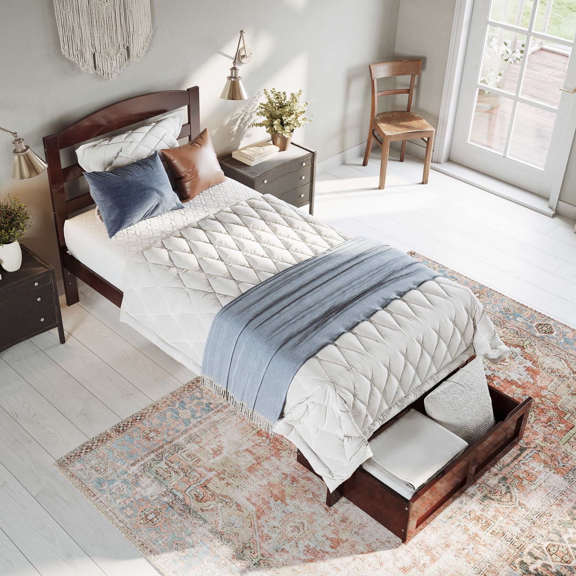 AFI Warren 14" Twin-XL Wood Platform Bed Frame with Foot Drawer Storage, Walnut