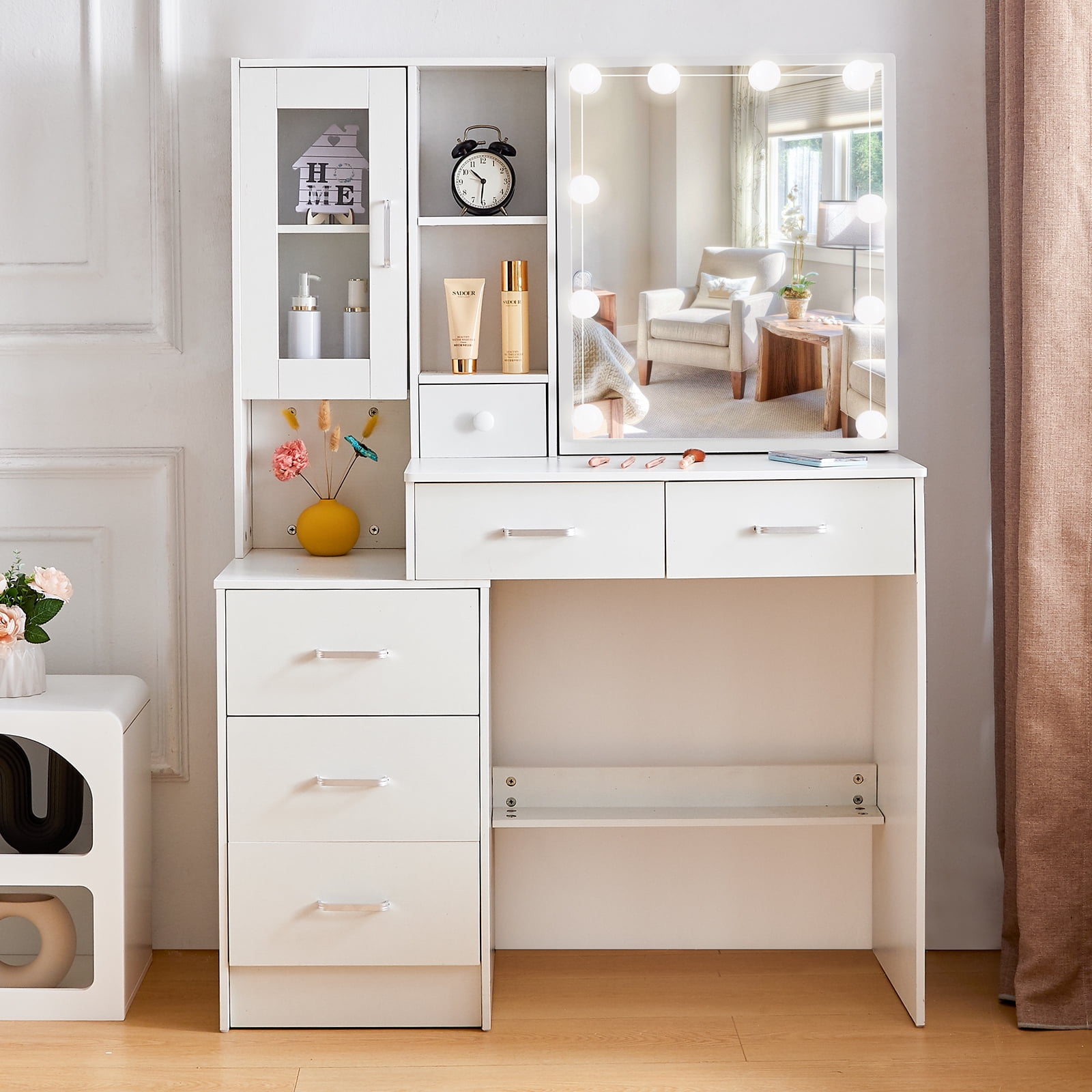 Yamissi Modern Vanity Desk with LED Lights and Mirror, Makeup Vanity Table with Drawers & Cabinet for Bedroom, White