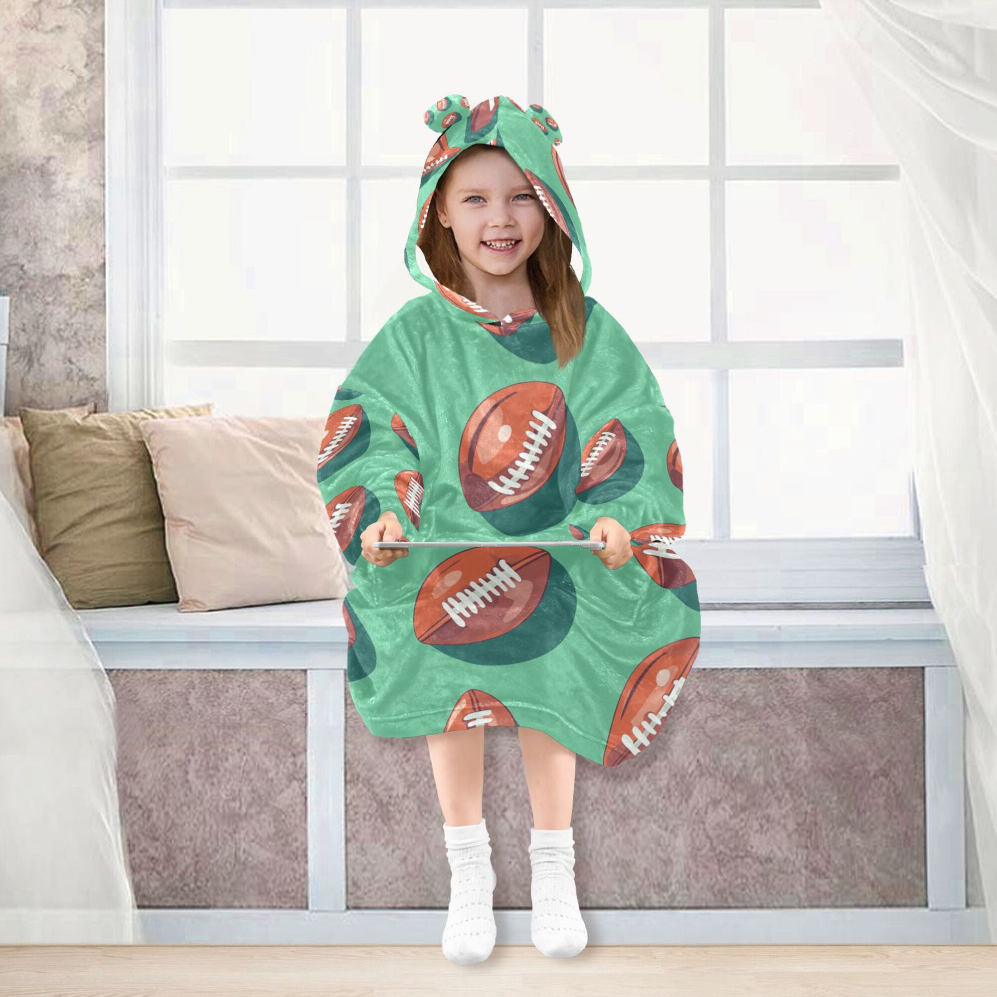 FORMRS Wearable Blanket Hoodie with Sleeves for Kids Cozy Flannel Sweatshirt, Brown American Footballs
