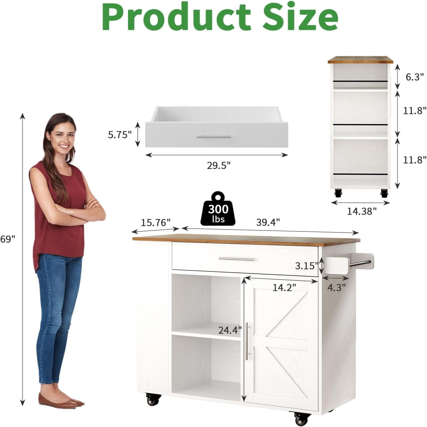 DreamCurship 39" Kitchen Island Cart with Storage, Kitchen Cart Island on Wheels, Rolling Kitchen Island with Spice Rack & Towel Rack, Island Table for Kitchen, White