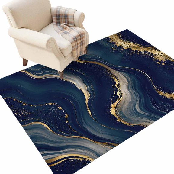Blue Gold Marble Washable Area Rug 3 x 5 ft Modern Abstract Minimalist Ocean Waves Lines Soft Non‑Slip Rugs Stain Repellent Indoor Mats for Entry Foyer, Apartment Living Corner Dining Nook