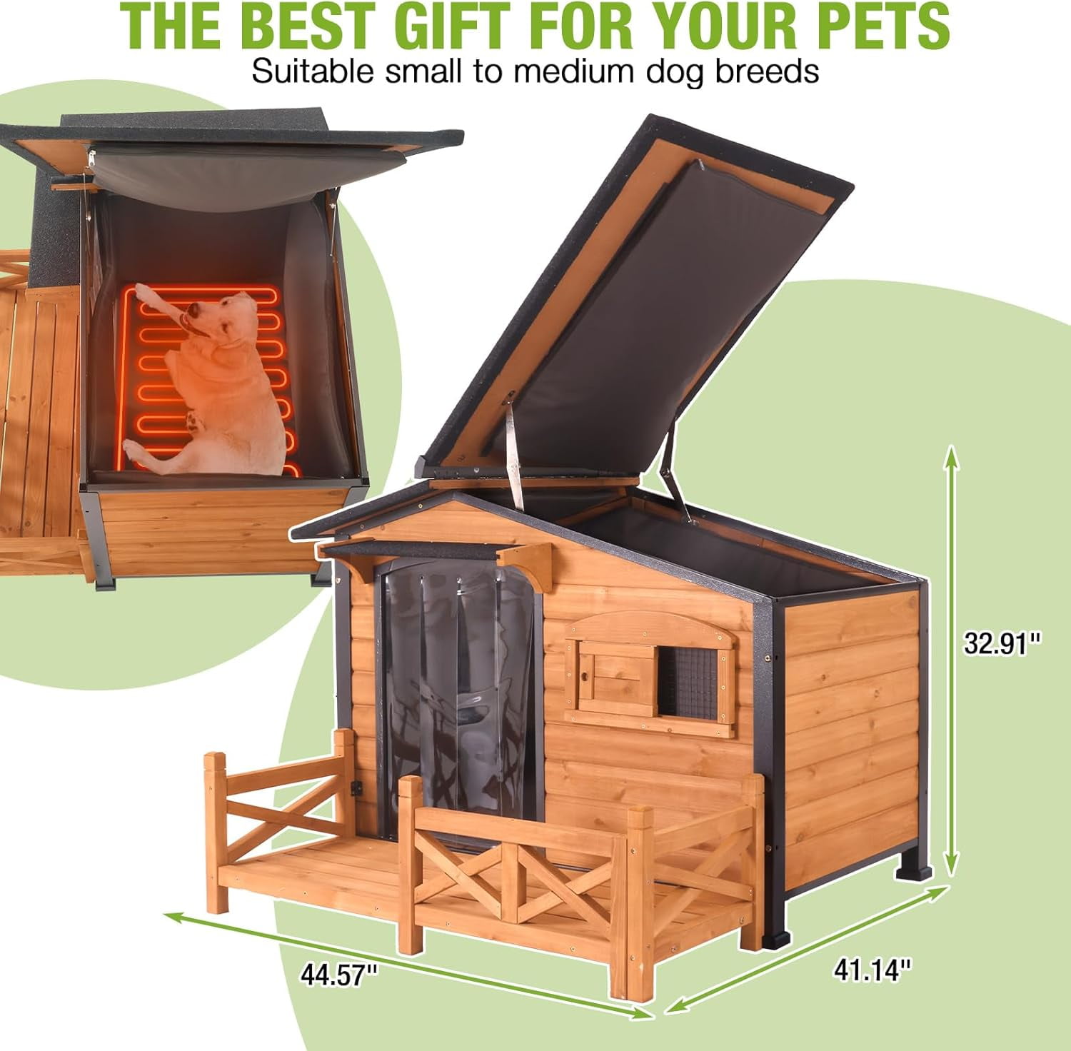 Aivituvin Heated Dog House Outdoor Dog Kennel with Safe Heated Pad, Chew-Proof Metal Frame and Rotating Food Bowl for Small to Medium Dogs, 44.6" L x 41.1" W x 32.9“H (Brown)