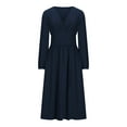 thumbnail image 4 of Wdfiry Dress for Women V Neck Tummy Control Long Sleeve Dress Fashionable Printing A-Line Pleated Midi Dresses, 4 of 5