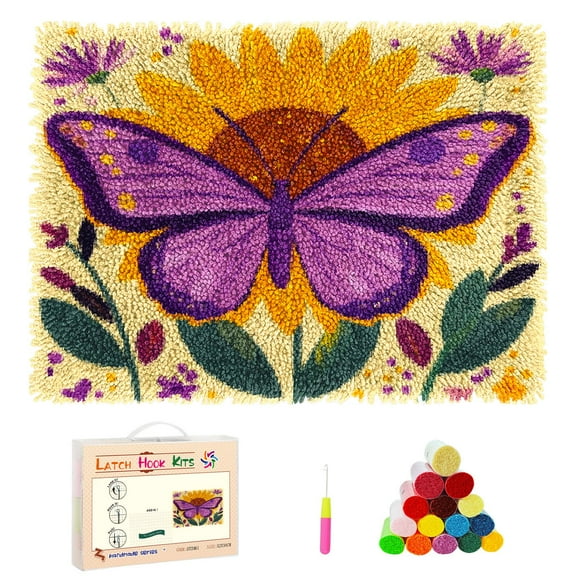 DIY Latch Hook Rug Kits Cartoon Butterfly on Sunflower Stamped Non-slip Mat Crocheting Yarn Hook and Latch Emboridery Tapestry for Home Floor Decor and Pet Warm Cushion 52x38cm(64)