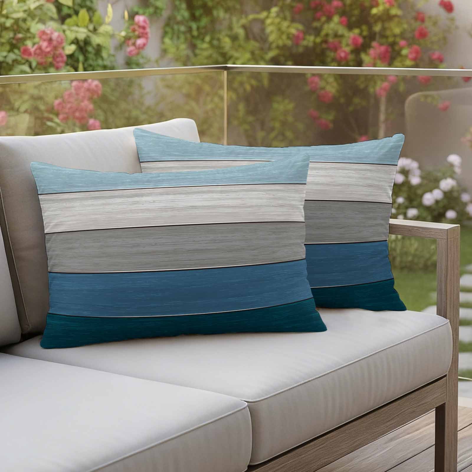 Blue Ombre Wooden Outdoor Waterproof Pillow Covers, Farmhouse Retro Wood Gradient Decorative Rectangle Throw Pillowcase Sofa Cushion Sham for Patio/Couch/Chair, 20"x12" 2 Pack