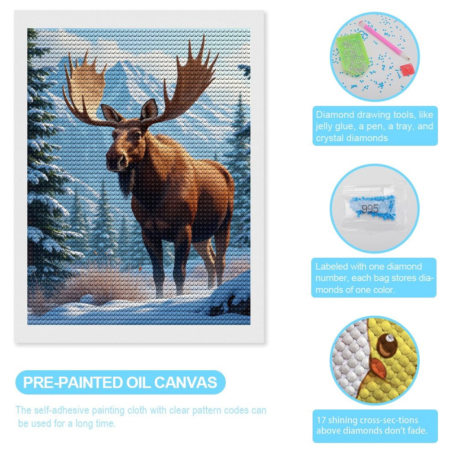 Diamond Art Kits for Adults, Moose Winter Mountain Scene 5D Diamond Painting Kits for Adults Beginners, DIY Full Drill Diamond Painting, Gem Art and Crafts 12x16