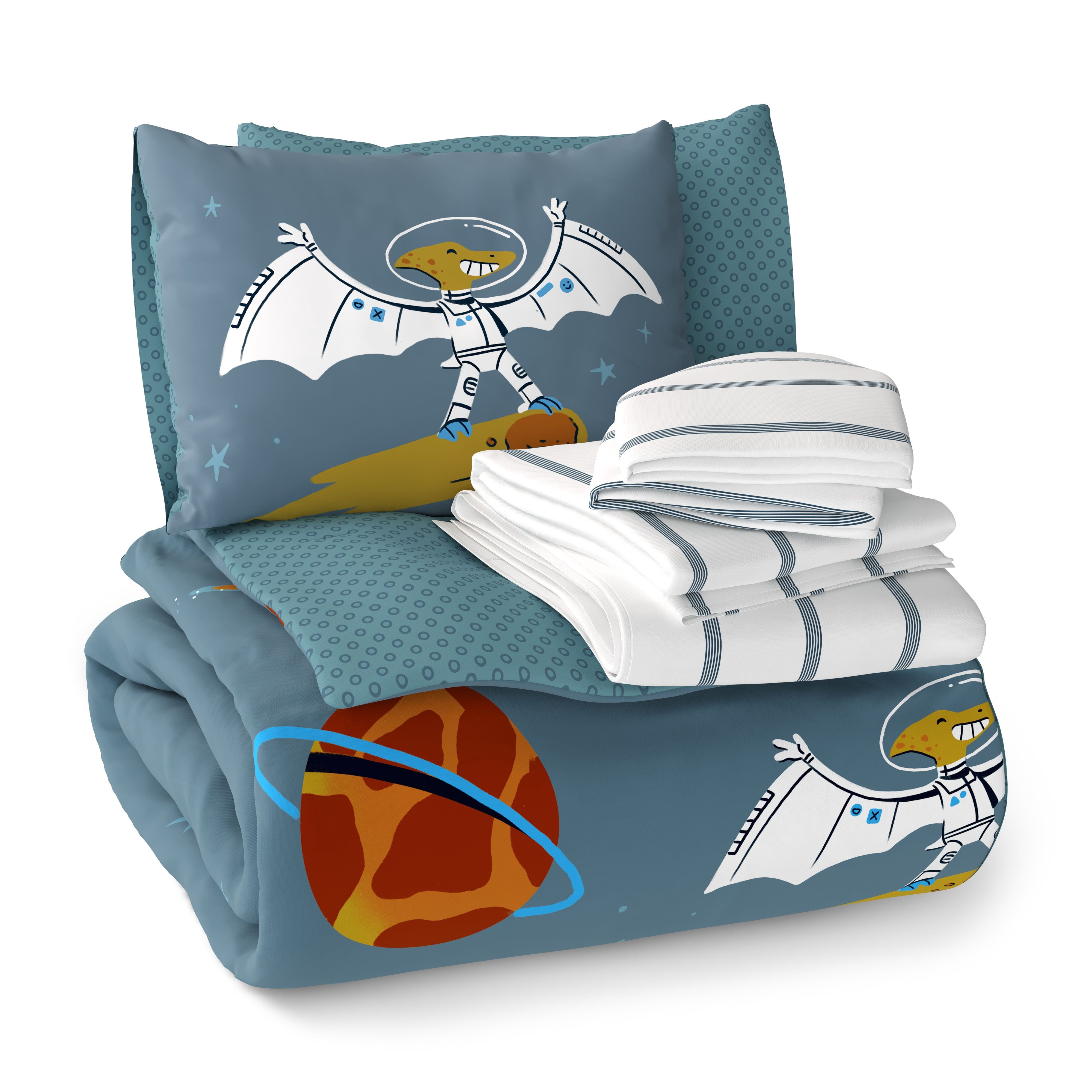 Mainstays Kids Glow in the Dark Space Dino Reversible Comforter Set with Sheets, Full, 7 Pieces