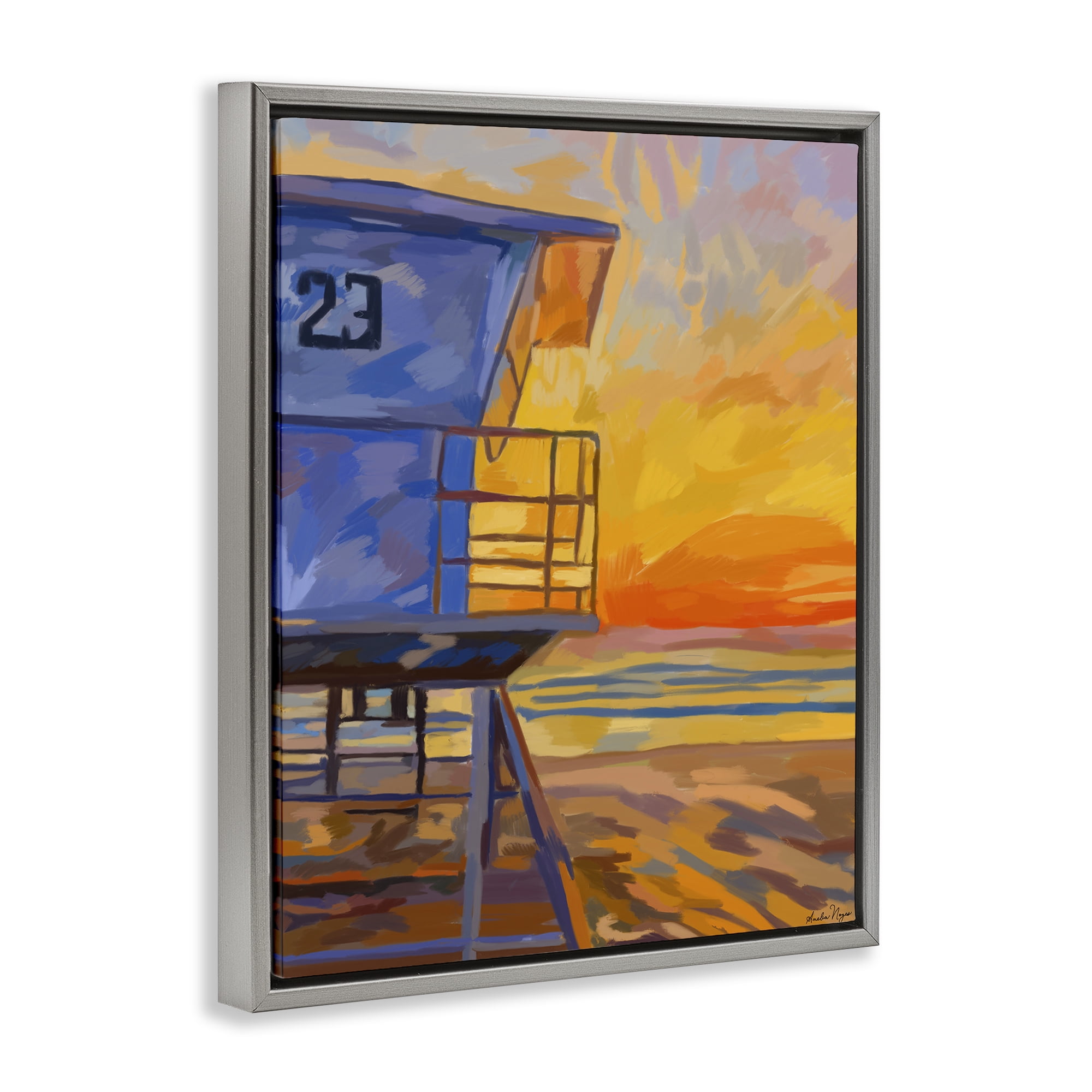 Stupell Industries Lifeguard Stand Sunset Gray Framed Floater Canvas Wall Art, design by Amelia Noyes