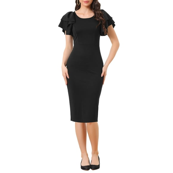 INSPIRE CHIC Women's Midi Ruffle Short Sleeve Bodycon Dress Back Zipper Pencil Elegant Dresses Black XL