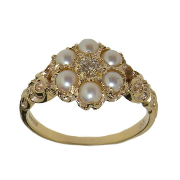 LBG 14k Yellow Gold Cubic Zirconia and Freshwater Cultured Pearl Womens Band Ring - Size 10
