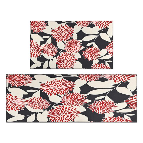 2 Piece Floral Spring Flowers Dalia Rug Kitchen Rug Set, Decor Kitchen Rugs, Absorbent Non-Slip Washable Floor Mats, Home Indoor Runner Rugs 17"x47" 17"x30"
