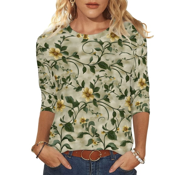 MaFYtyTPR Women 3/4 Sleeved Casual Blouse Fashion Floral Print Pullover Loose Tunic Tops A-Multicolor L