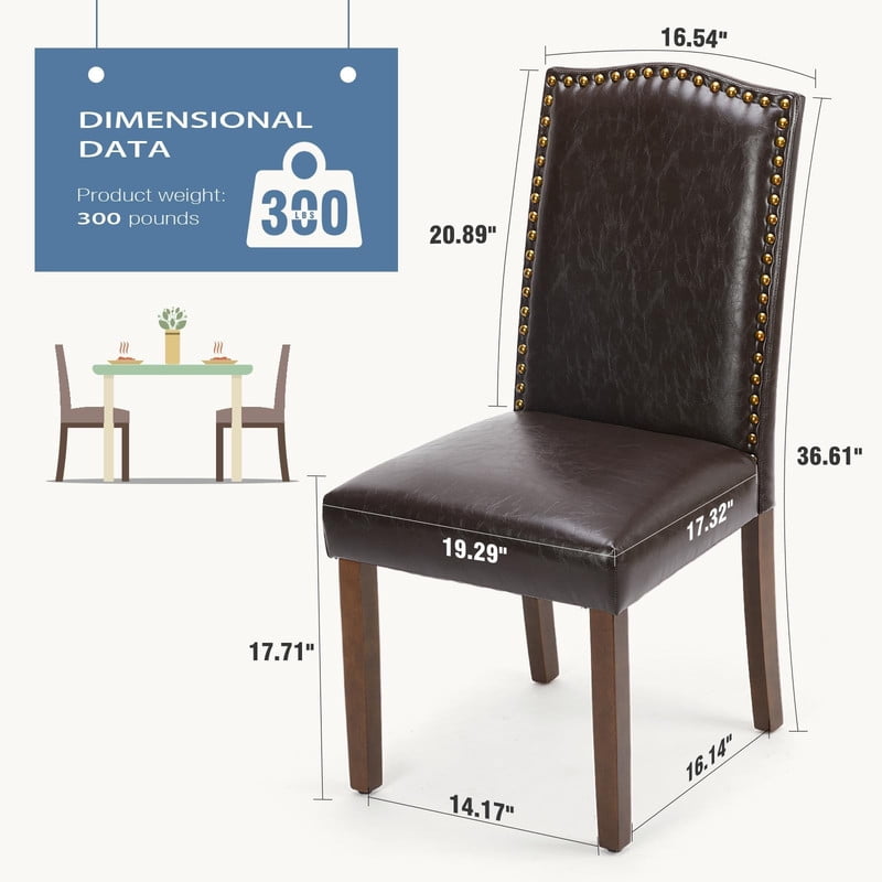 BEAUTYPEAK Dining Chairs Set of 2 Upholstered Parsons Chairs with Nailhead Trim Padded Leather Seats and Wood Legs, Brown