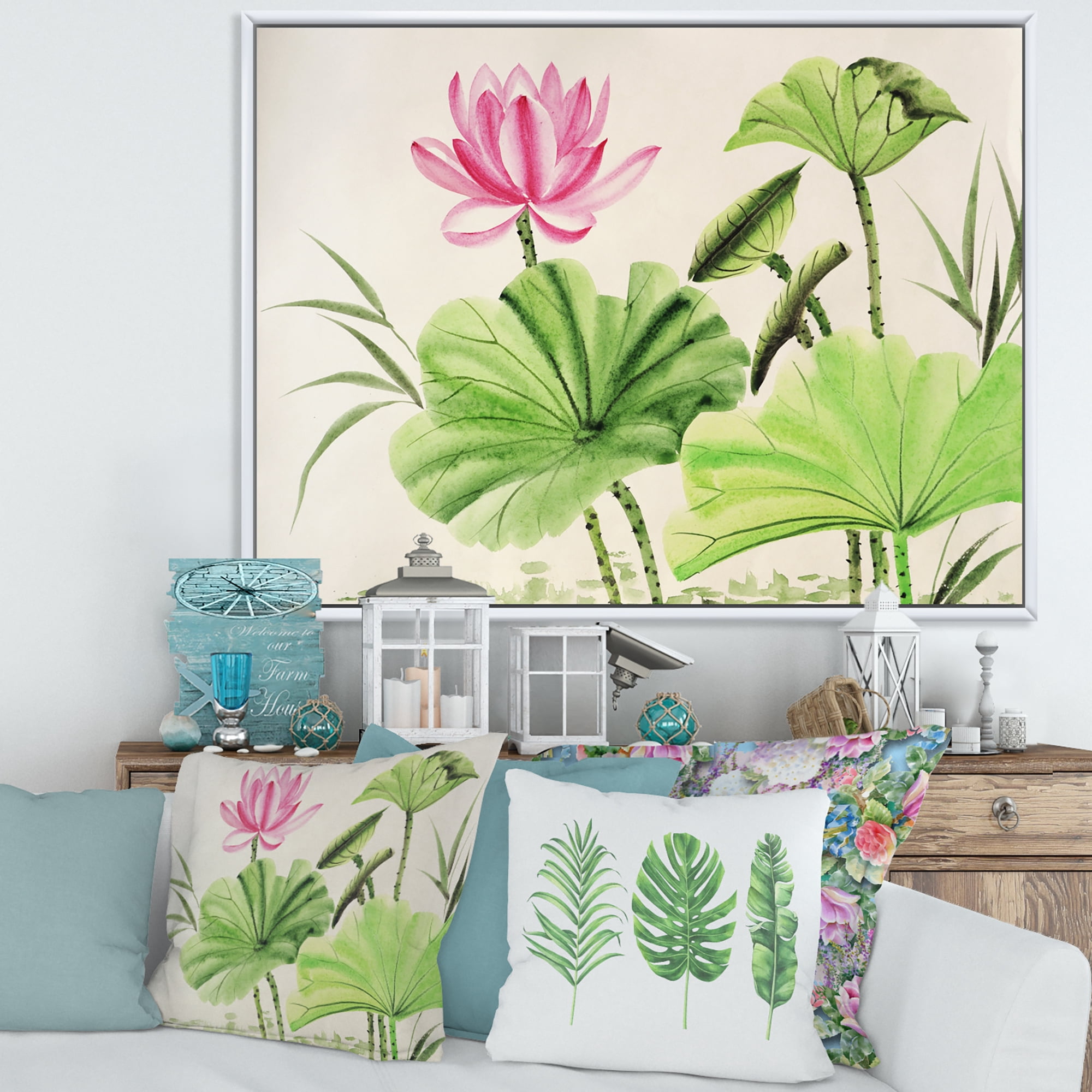 Designart 'Ancient Pink Lotuses In The Pond V' Traditional Framed Canvas Wall Art Print