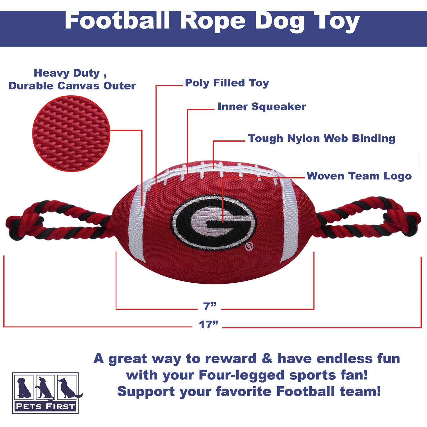 Pets First Collegiate Georgia Nylon Football-Licensed