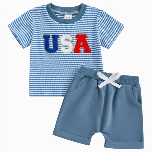 Duqingm Toddler Baby Boy 4th of July Outfit Cute Letter Short Sleeve T-shirt Top Elastic Shorts Patriotic 2Pcs Clothes 3 6 12 18 24 Months 2T 3T(Blue,2-3 Years)