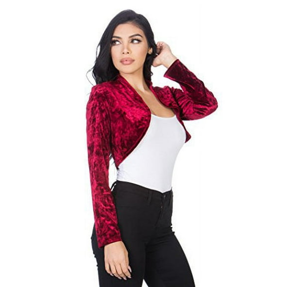 Fashion Secrets Women`s Collarless Open Front Velvet Bolero Shrug Cardigan Cropped Jacket (Large, Burgundy Red)
