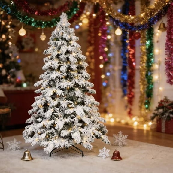 5ft PVC flocked Green White Christmas Tree – Lifelike Full-Bodied Festive Centerpiece& Warm white LED Lights（memory wire power pole）