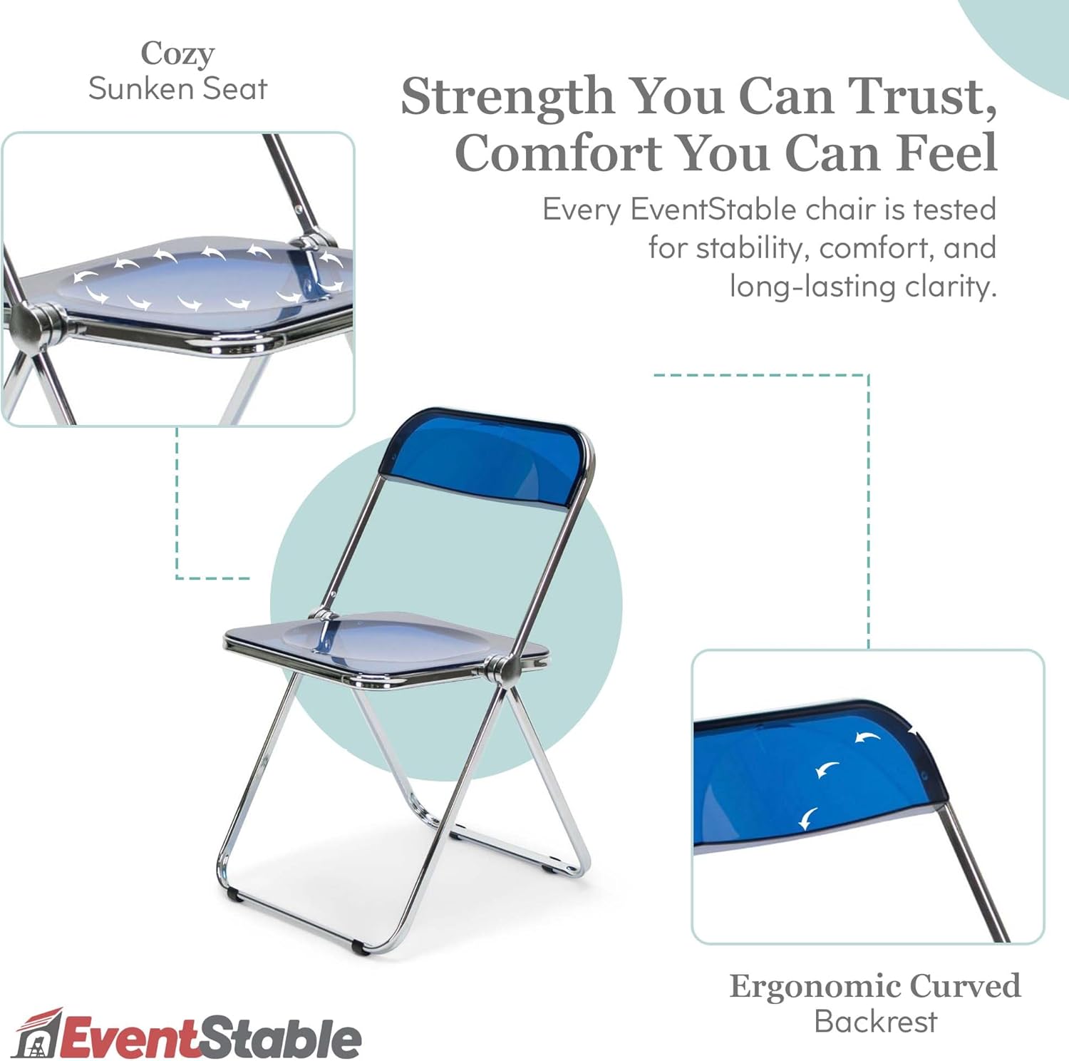 EventStable Clear Acrylic Folding Chair with Electroplate Chrome Frame, Lightweight Portable Seating Stackable Comfortable Chair for Indoor Outdoor Dining, Events & Parties - Cobalt Blue - 4-Pack